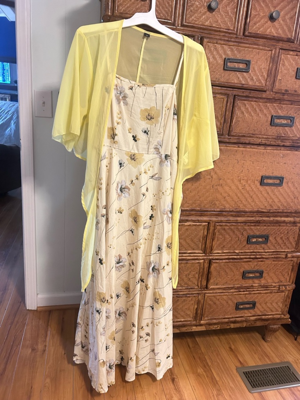 SHEIN Cream Floral Maxi Dress with Yellow Sheer Cover-Up